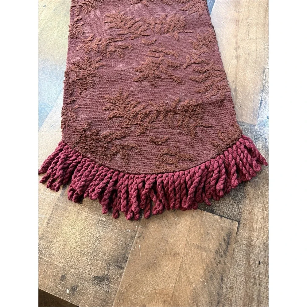 Vintage Chenille Table Runner Red Rust Floral Jacquard Fringe Boho 12x70 Ornate